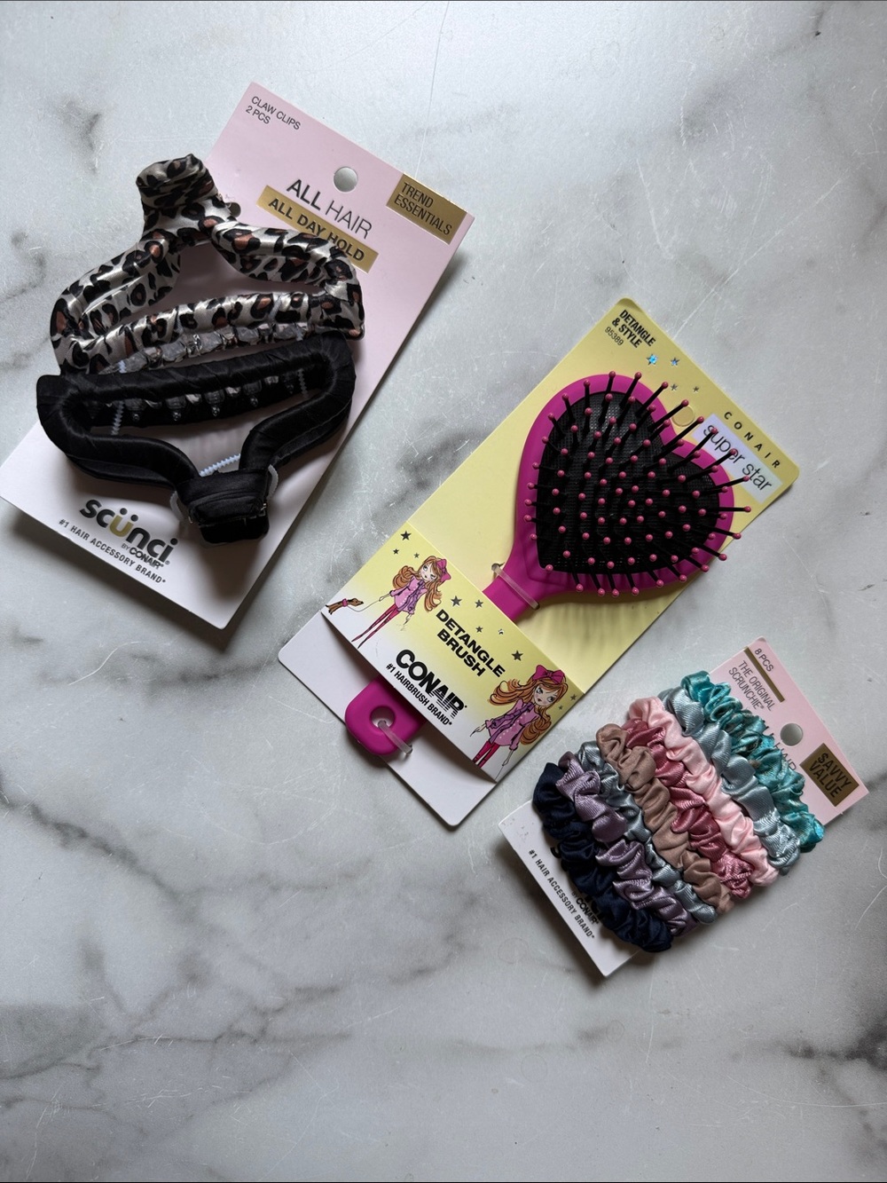 Scunci Leopard Claw Clips + Conair Pink Heart Brush + Satin Scrunchie Set